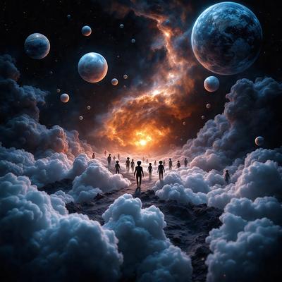 The primary subject of the image is a group of people walking through a cloudy sky. The setting is a nighttime scene with a backdrop of a starry sky, featuring multiple planets and moons. The visual style is a digital art or illustration, creating a surreal and dreamy atmosphere. The colors are predominantly dark and moody, with the cloudy sky and starry background providing a sense of depth and mystery.